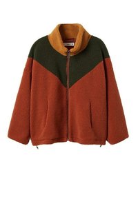 Fleecejakke med høj krave, med et farveblokdesign i orange, grøn og tan. To sidelommer, lynlåslukning og struktureret stof.