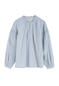 Helle blaue Langarmbluse mit gerafftem Ausschnitt, geknöpftem Frontschlitz und Raffung über den oberen Ärmeln.
