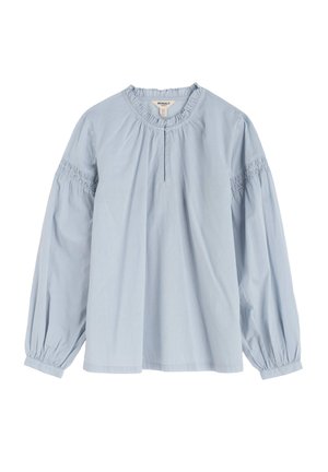 Svetlomodrá blúzka s dlhými rukávmi a zberaným výstrihom, s rozparkom na prednej strane so zapínaním na gombíky a s naťahovaním na horných rukávoch.