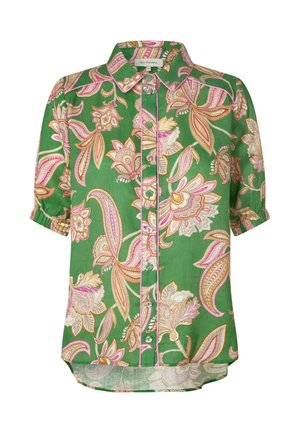 Zelená košeľa s krátkym rukávom na gombíky, s ružovými, béžovými a svetlohnedými kvetinovými a paisley motívmi, vybavená špicatým golierom a elastickými manžetami rukávov.