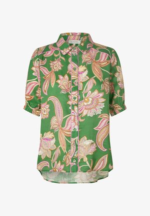 Grünes kurzärmeliges Hemd mit Knopfleiste, verziert mit rosa, beige und hellbraunen Blumen- und Paisley-Mustern, mit spitzem Kragen und elastischen Ärmelsäumen.