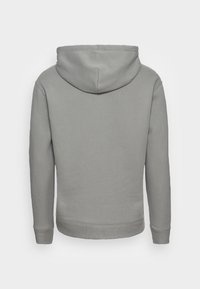 Felpa grigia con cappuccio, dal tessuto morbido, con un cappuccio ampio, maniche lunghe e polsini e orlo a coste. Solo vista posteriore.