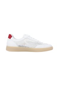 White low-top sneaker with mesh sides, beige sole, white laces, and red heel tab, shown from outer side on white background.
