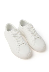 Zapatillas blancas hechas de material sintético liso, con un diseño de cordones, punta redondeada y suela de goma texturizada. Sin logotipos visibles.
