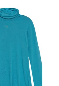 Turkusowa tunika z długim rękawem i wysokim kołnierzem. Miękki, lekki materiał o gładkiej fakturze i luźnym kroju.