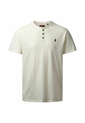 Cream-colored short-sleeve t-shirt made of cotton, featuring a three-button placket and small black logo on the chest. Smooth texture.