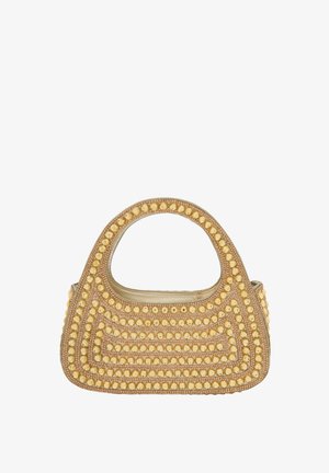 Bej színű gyöngyös kézitáska kerek felülettel, amelynek anyagán szimmetrikus sárga gyöngyök díszítik a felületet, és texturált felülettel rendelkezik.