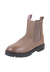 Brązowe skórzane botki Chelsea z elastycznymi panelami, teksturowaną gumową podeszwą oraz różowym uchwytem; gładkie wykończenie z kontrastującymi szwami.