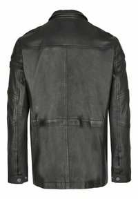 Giacca da uomo in pelle nera con texture liscia, colletto classico, maniche lunghe e cuciture dettagliate. La vista posteriore mostra un design minimalista.