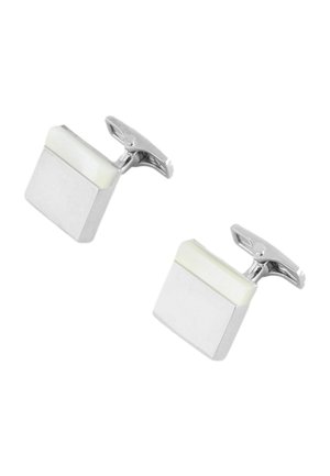 Boutons de manchette en métal argenté avec un design rectangulaire, présentant un insert blanc lisse et une finition polie. Maintenus par un fermoir à charnière.