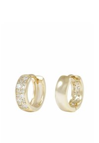 Guldörhängen i form av hoops med en slät yta och en rad klara, runda strass stenarna längs ena sidan. Rundad design med en polerad yta.