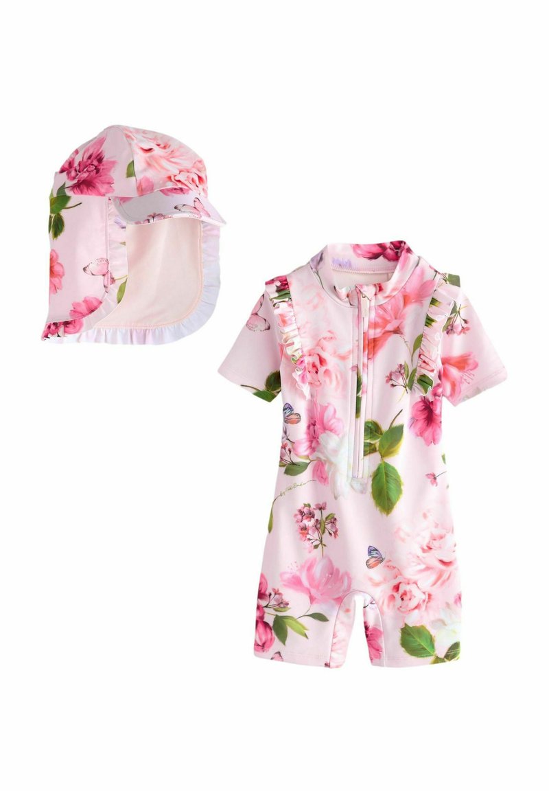 Bloemend zwemset met hoed, met een roze basis, korte mouwen, ritssluiting, ruches en vlinderprint.