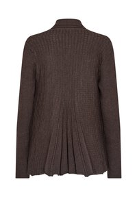 Brun ribbad cardigan med en plisserad baksida, texturerad yta och långa ärmar. Har en subtil krage och en öppen framsidesdesign.