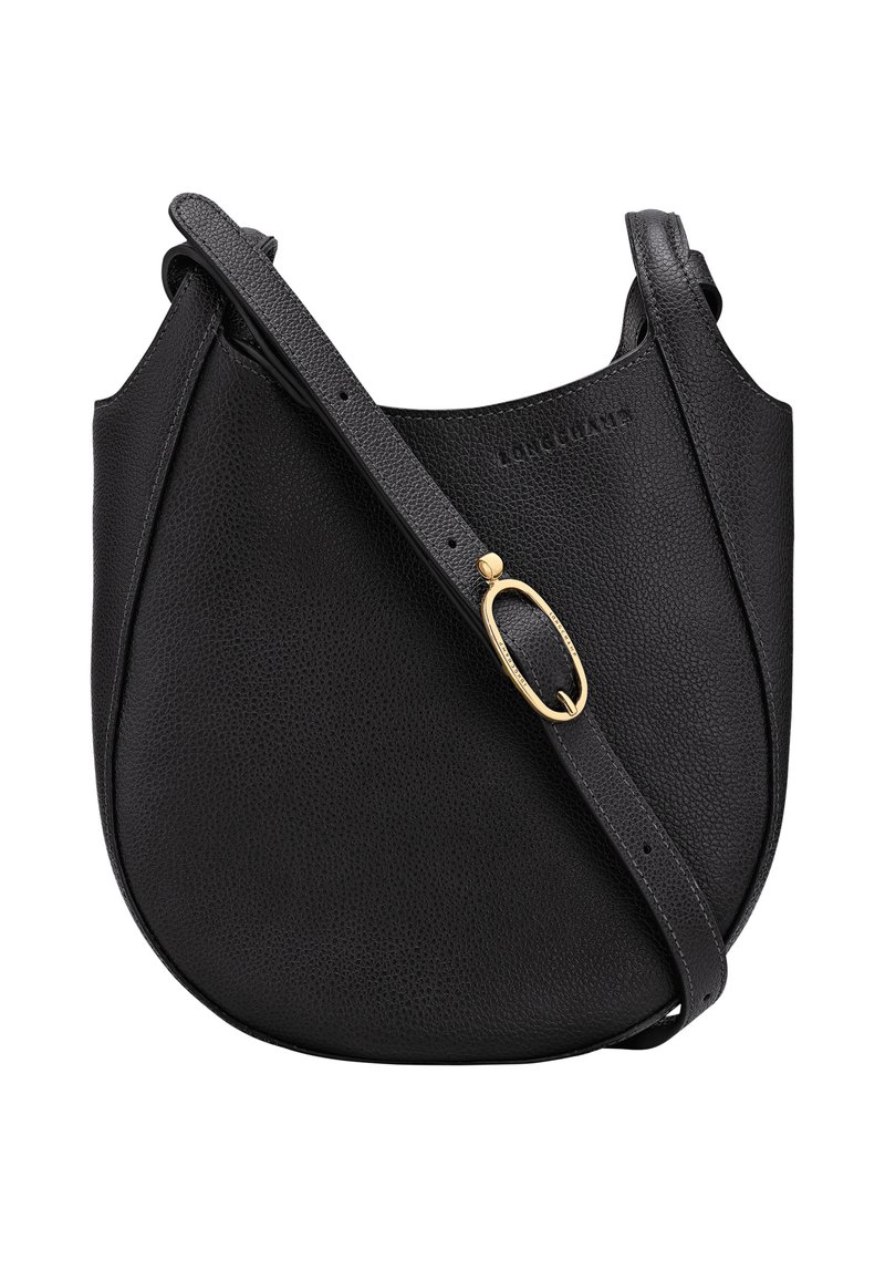 Black leather handbag with pebbled texture, curved shape, and a long adjustable strap. Features a gold hardware accent for closure.