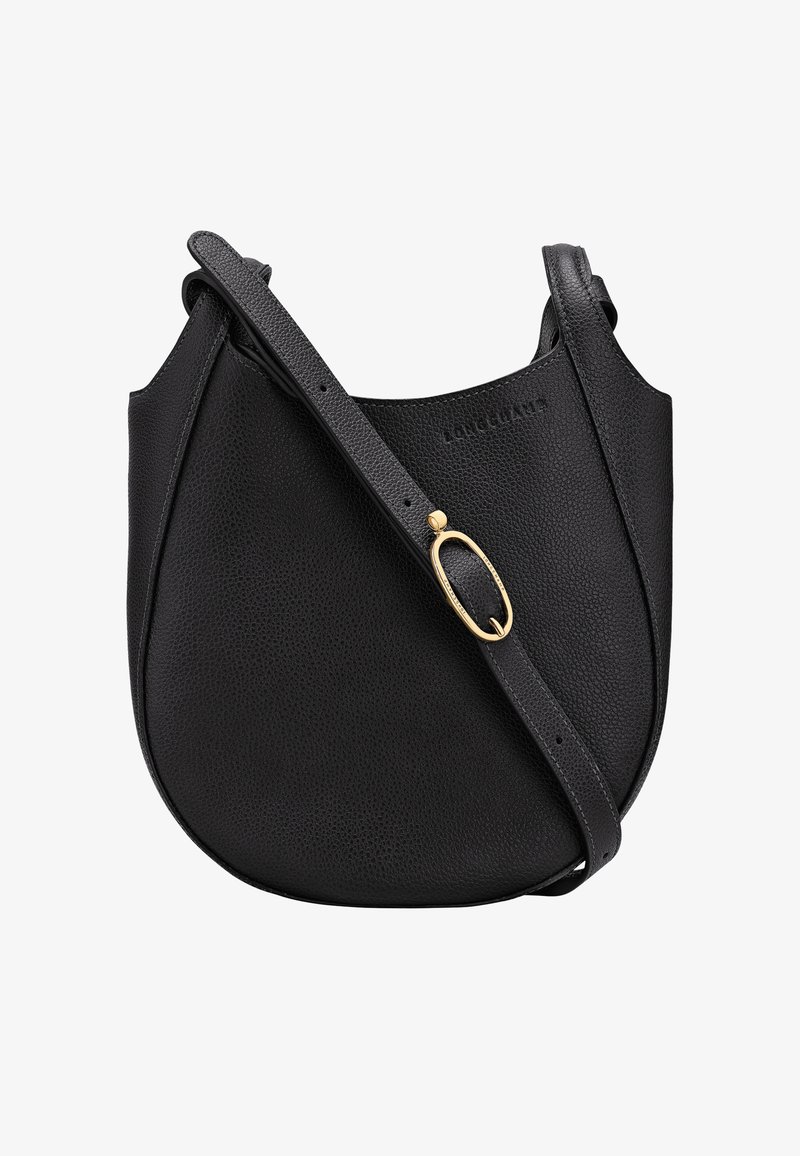 Black leather handbag with pebbled texture, curved shape, and a long adjustable strap. Features a gold hardware accent for closure.