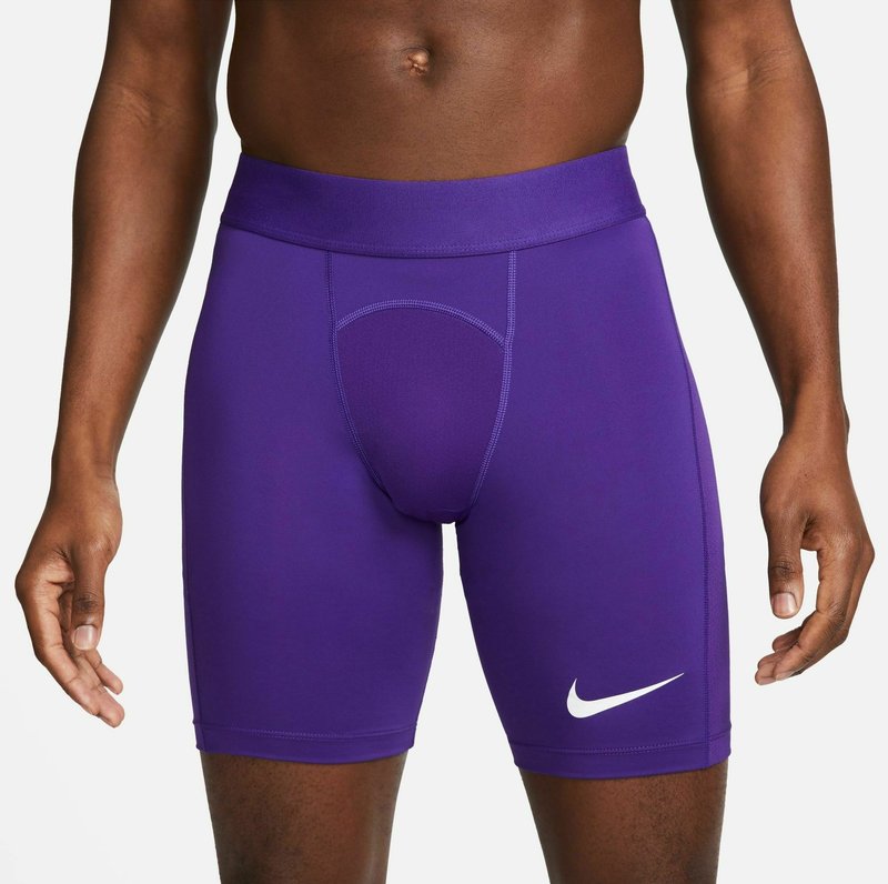 Pantaloni sportivi viola realizzati in tessuto elasticizzato, con un design aderente, una vita alta e un logo Nike bianco sul lato inferiore destro.