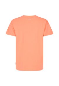 Korte mouwen T-shirt, effen licht perzikkleur, ronde hals, zachte stof, met een minimaal logo op de bovenrug, relaxte pasvorm.