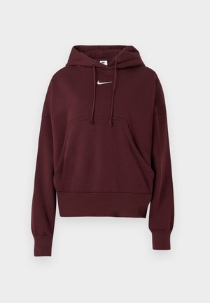 Bordeaux Nike hoodie met een voorste kangoeroezak, trekkoorden bij de hals en een klein wit logo op de borst. Zachte textuur, cropped ontwerp.