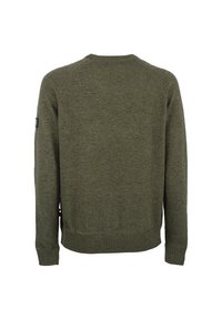 Oliwkowy, dzianinowy sweter z okrągłym dekoltem i raglanowymi rękawami. Posiada ściągacze na rękawach i u dołu, gładką teksturę oraz metkę z boku.