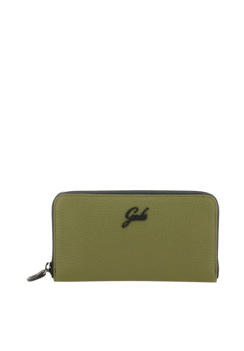 Portafoglio zip-around in pelle di colore verde oliva con texture, dotato di lettering nero del logo e tirazip in argento.