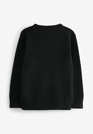 Pull noir à col rond, manches longues, avec des poignets et un ourlet côtelés. Texture lisse et couleur unie, vu de l'arrière.