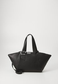 Black leather tote bag with angular shape, dual handles, adjustable strap, and silver hardware. Textured finish with side accents.