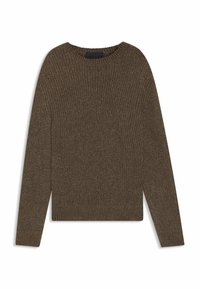 Maglione lavorato a maglia marrone con scollatura rotonda, motivo testurizzato e polsini e orlo a costine. Il tessuto sembra morbido e leggermente spesso.