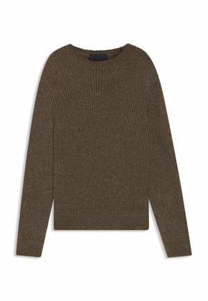 Maglione lavorato a maglia marrone con scollatura rotonda, motivo testurizzato e polsini e orlo a costine. Il tessuto sembra morbido e leggermente spesso.
