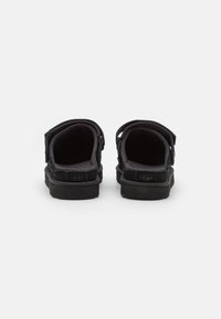Svart mocka baksidan av slip-on skor med mjukt innerfoder, formgjutna gummisulor och justerbara remmar. UGG-logotyp synlig på hälarna.