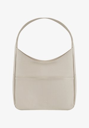 Borsa a spalla in pelle beige con una texture liscia, parte superiore curva e una tasca esterna. Presenta un logo impresso sul fondo.