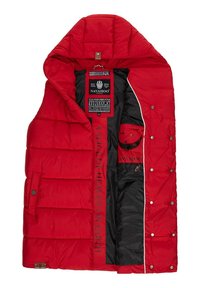 Red puffer jacket features a quilted design, black interior with branding, and snap buttons. Includes tags and a contrasting inner pocket.