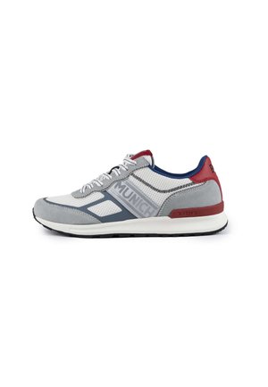 Gray and white athletic shoe with mesh and suede textures, navy accents, and a maroon heel. Features a prominent "MUNICH" logo on the side.