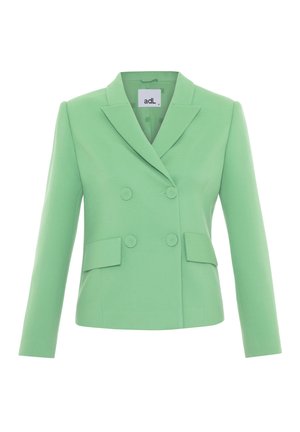 Grüne doppelte Blazer mit strukturiertem Design, mit Revers, zwei Fronttaschen und einer strukturierten Stoffoberfläche.