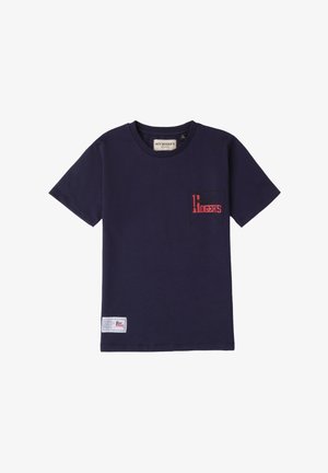 Navyblaues Baumwoll-T-Shirt mit rundem Halsausschnitt. Verfügt über ein rotes Logo auf der Brust und ein kleines Markenlabel am Saum. Kurzärmlig.