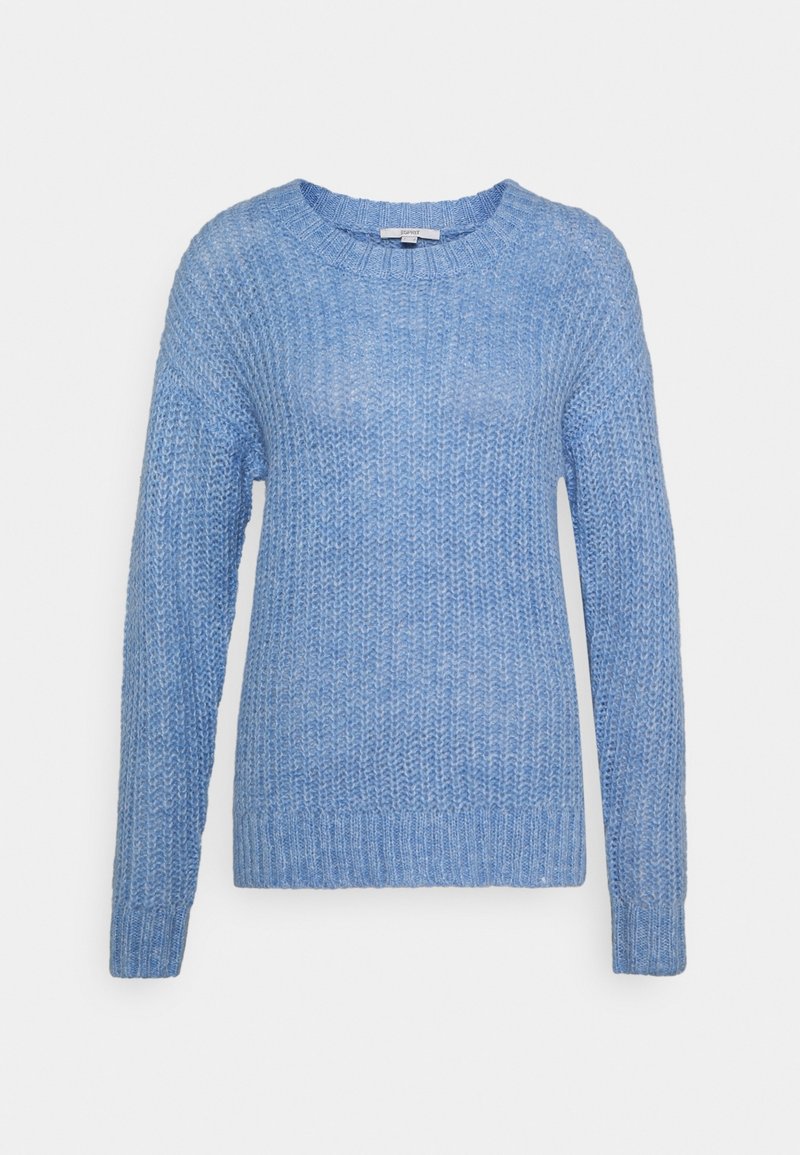 Pull chunky en maille bleu clair avec manches longues et poignets, ourlet et encolure ronde côtelés, présenté sur un fond uni.