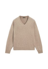 Maglione lavorato a maglia beige a maniche lunghe con scollo a V e polsini e orlo a costine, disteso su uno sfondo bianco.