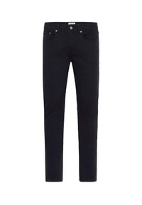 Svart dongeribukser med slim fit, med fem lommer, glidelås foran og metalbolt-lukking. Myk tekstur med minimale sømdetaljer.