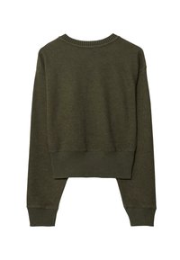 Maglione cropped a maniche lunghe verde scuro con scollo a girocollo a costine, mostrato da dietro su uno sfondo bianco.