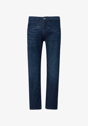 Jean en denim bleu foncé, coupe droite, avec fermeture à bouton et zip, et poches avant et arrière.