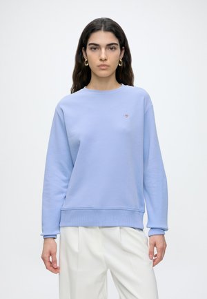 Frau mit langen dunklen Haaren trägt hellblaues Sweatshirt und weiße Hose, steht vor weißem einfarbigem Hintergrund, schaut nach vorne.
