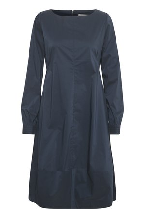 Mornarsko plava haljina dugih rukava sa kvadratnim izrezom, zatvaranjem na zipu straga, nabranim rukavima i blago raširenim rubom. Glatka tekstura tkanine.