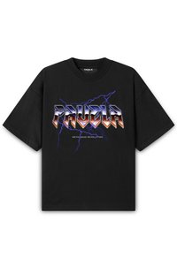 Black short-sleeve t-shirt featuring a bold, metallic graphic with "PAUTILA" and lightning designs in purple and silver. Simple crew neck.