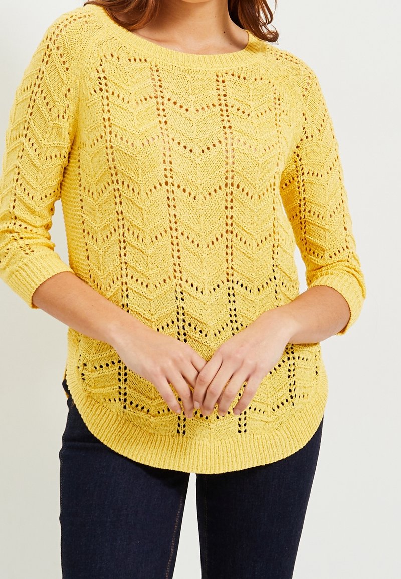 Femme portant un pull tricoté jaune avec un motif en dentelle et des manches trois-quarts, associé à un jean bleu foncé, les mains croisées devant.