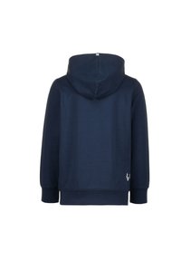 Felpa navy con cappuccio, maniche lunghe e polsini a costine. Presenta un logo sul lato inferiore destro. Realizzata in tessuto morbido e testurizzato.