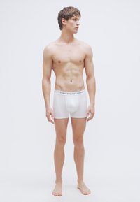 White cotton boxer briefs with a black logo waistband, fitted design, smooth texture, and minimalistic style, worn by a male model.