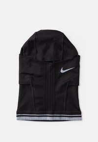 Gorro atlético preto feito de tecido elástico, com um logótipo Nike cinza, costuras planas e uma bainha inferior com riscas cinzas e pretas.