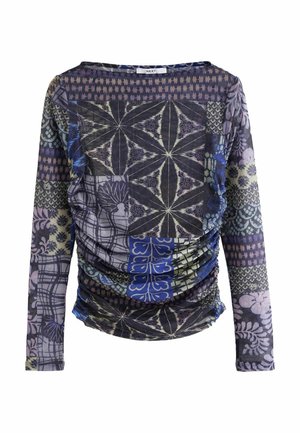 Langarmoberteil aus leichtem Stoff, das eine Mischung aus geometrischen und floralen Mustern in lila, blau und grün zeigt, mit gerafften Details.