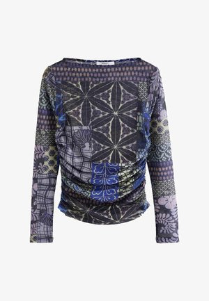 Kerge riidega pikkade varrukatega särk, millel on geomeetriliste ja lillemustriga segatud kujundus lilla, sinise ja rohelise tooni, koos r gathered detailidega.