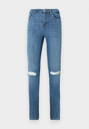 Smaltsiddende blå denimjeans med to slidte knæudskæringer, knap- og lynlås-lukning samt klassisk design med fem lommer.