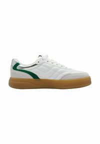 White sneakers with a textured leather and synthetic upper, silver accents, green side stripe, and a gum rubber sole, featuring traditional laces.